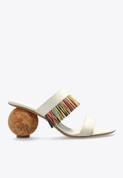 Ferragamo Fer 75 Spherical Heel Fringed Sandals In White