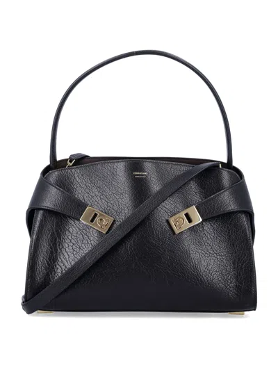 Ferragamo Hug Soft Bicolor Shoulder Bag In Calfskin In Black