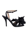 Ferragamo Black Satin Flower Sandals In Black