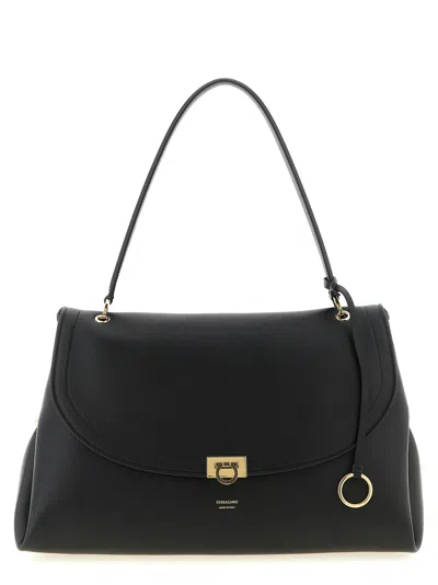 Ferragamo Leather Tote Shopping Bag Top Handles In Black