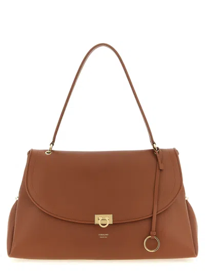 Ferragamo Embossed Leather Shoulder Bag With Hook-and-eye Closure In Brown