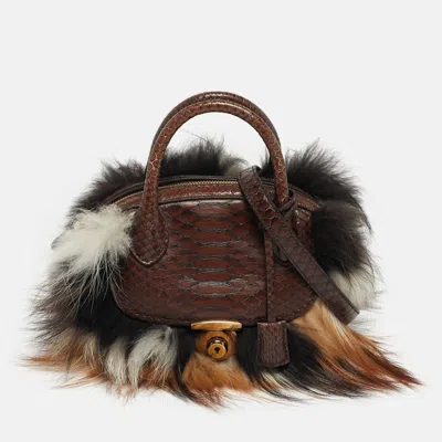 Pre-owned Ferragamo Fiamma Brown Python And Fox Fur Satchel