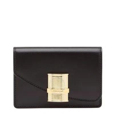 Ferragamo Fiamma Leather Card Holder In Black