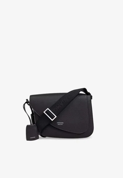 Ferragamo Fiamma Leather Messenger Bag In Black