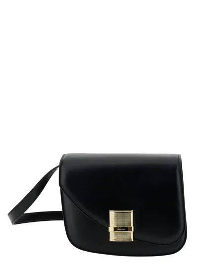 Ferragamo 'fiamma S' Black Shoulder Bag With Logo Detail And Oblique Flap In Leather Woman