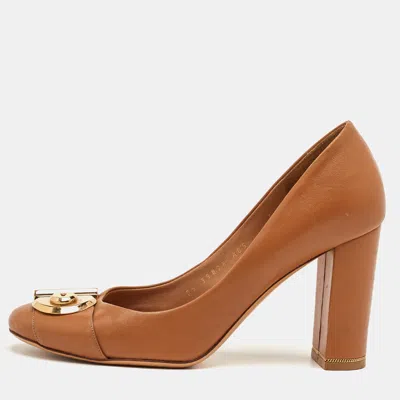 Pre-owned Ferragamo Fiamma Size 39 Brown Leather Block Heel Pumps