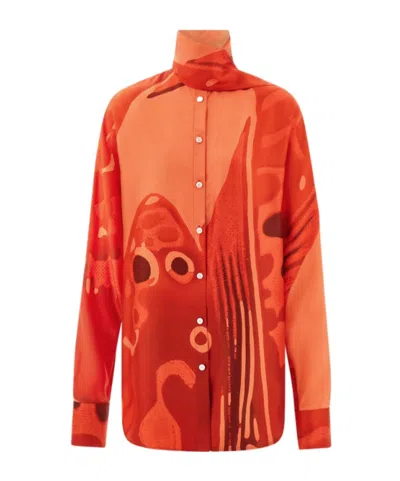 FERRAGAMO FISH PRINT SILK SHIRT WITH SASH
