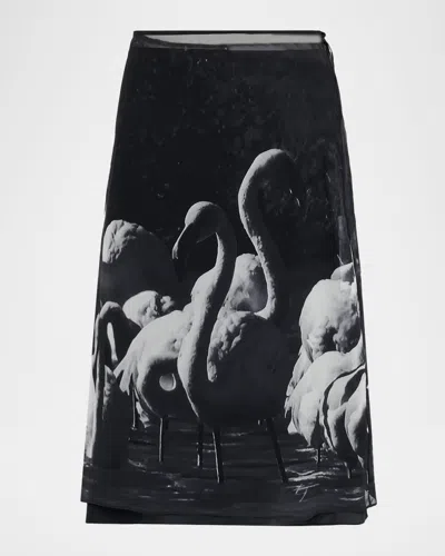FERRAGAMO FLAMINGO-PRINT SILK MIDI SKIRT