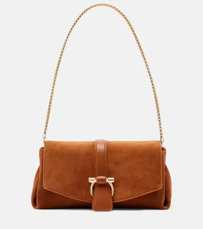 Ferragamo Flap Small Suede Shoulder Bag In Brown