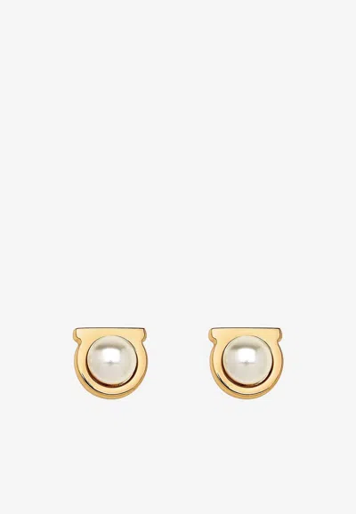 Ferragamo Flat Gancini Pearl Stud Earrings