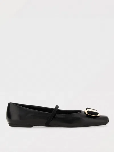 Ferragamo Lambskin Flats With Gold-tone Buckle Detail In White