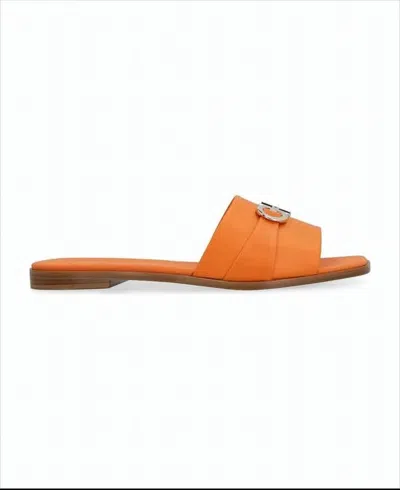 Ferragamo Flat Slide Sandal With Metallic Buckle Detail In Orange