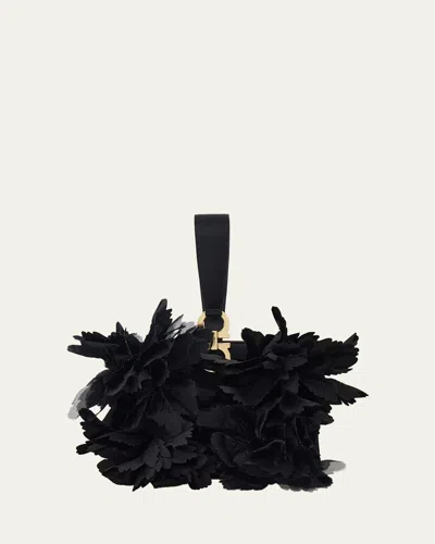 Ferragamo Floral Applique Leather Wristlet In Black