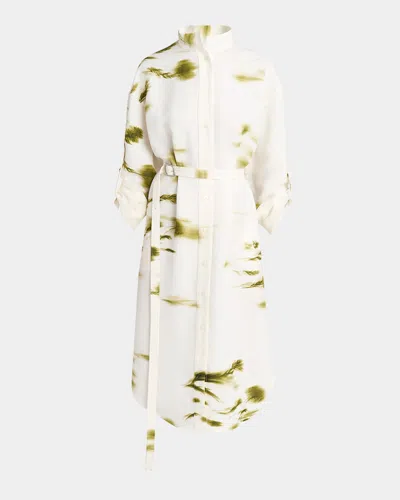 Ferragamo Floral Crepe Belted Shirtdress In White/oliv