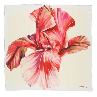 Ferragamo Floral Iris Print Silk Scarf In Beige