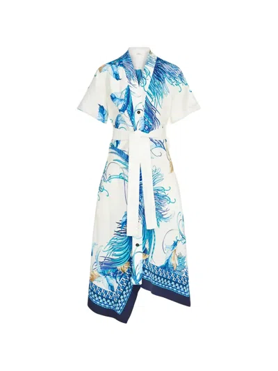 Ferragamo Feather Show Print Asymmetric Midi Dress In Blue