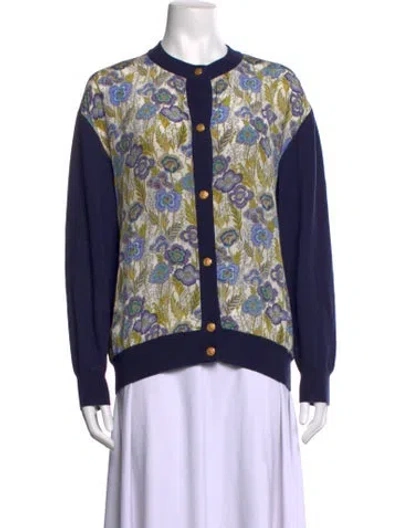 Pre-owned Ferragamo Floral Print Crew Neck Sweater In Blue