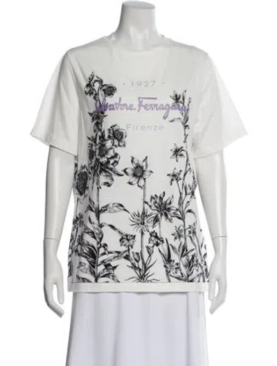 Pre-owned Ferragamo Floral Print Crew Neck T-shirt In White