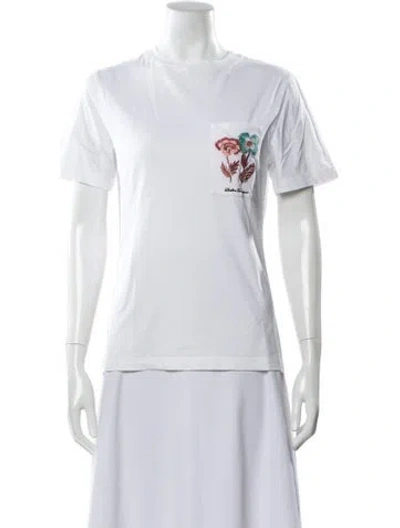 Pre-owned Ferragamo Floral Print Crew Neck T-shirt In White