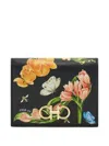 Ferragamo Compact Gancini Wallet With Floral Print In Black