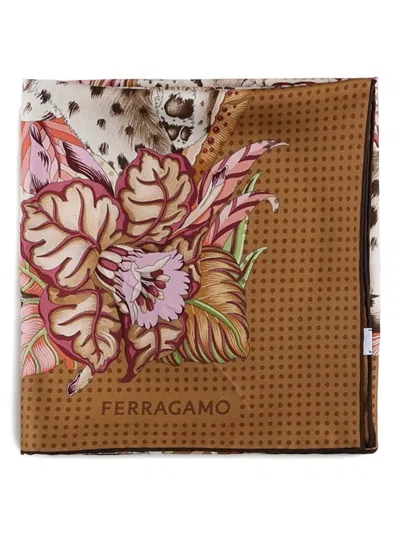 Ferragamo Floral-print Polka-dot Scarf In Brown