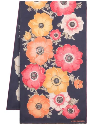 Ferragamo Anemone Print Silk Scarf In Blue