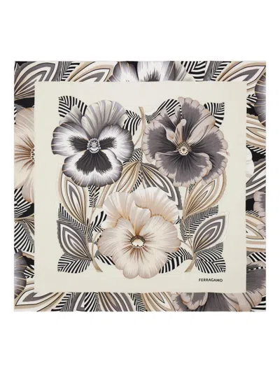 Ferragamo Floral Print Silk Scarf In Neutral