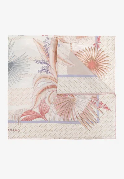 Ferragamo Floral Print Silk Scarf In White