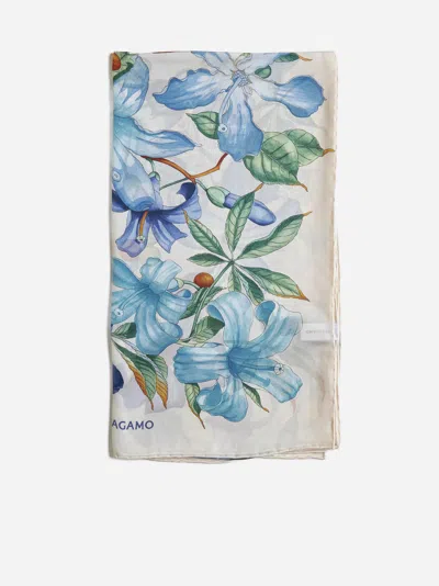 Ferragamo Floral Print Silk Scarf In White