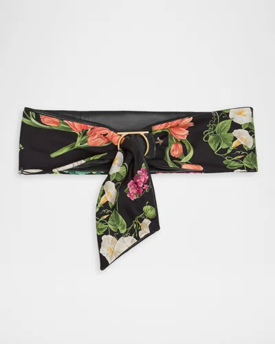 Ferragamo Floral Silk And Nappa Leather Gancini Belt In Black