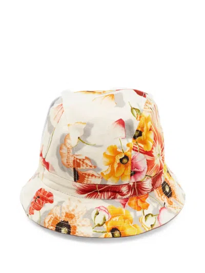 Pre-owned Ferragamo Floral-print Bucket Hat In White