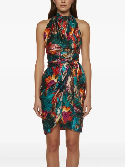Pre-owned Ferragamo Floral-print Draped Mini Dress In Blue