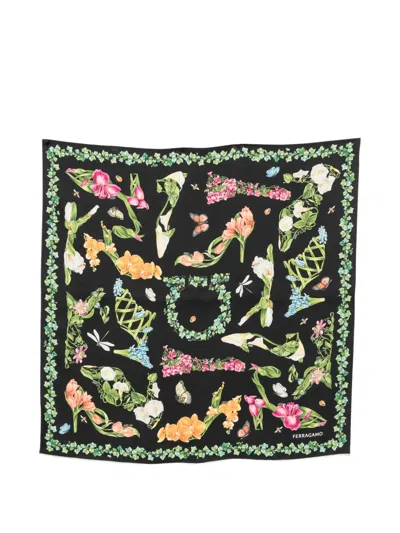 Ferragamo Rectangular Floral Print Scarf For Neck In Black