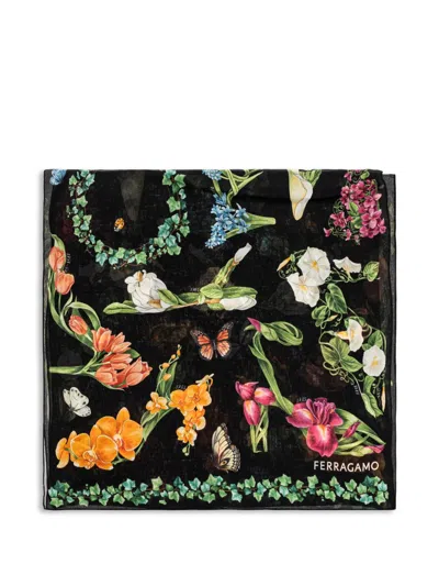 Ferragamo Black Floral Heels Print Scarf