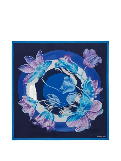 Ferragamo Floral-print Silk Scarf In Blue