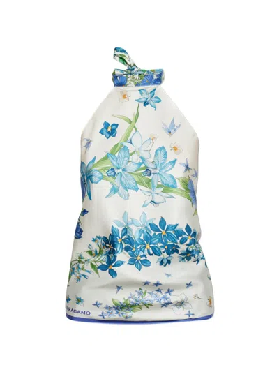 Ferragamo Primavera Floral Halterneck Sleeveless Backless Top In Black