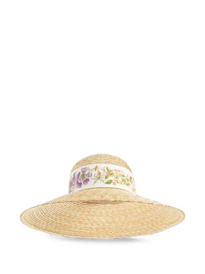 Ferragamo Floral-print Silk-trimmed Straw Hat In Multi