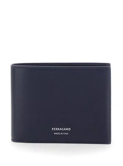 FERRAGAMO FLORENCE BLUE BI-FOLD WALLET WITH LOGO LETTERING ON THE FRONT IN LEATHER MAN