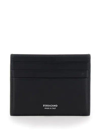 Ferragamo Florence Black Card Holder With Logo Lettering On The Front In Grained Leather Man