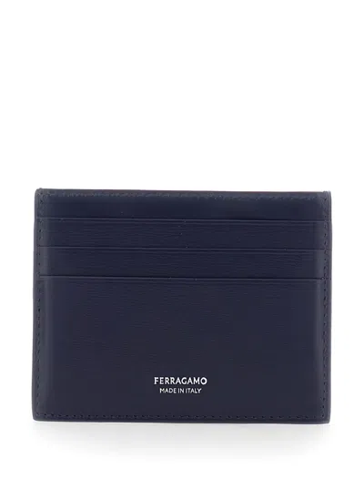 Ferragamo Florence Blue Card Holder With Logo Lettering On The Front In Leather Man