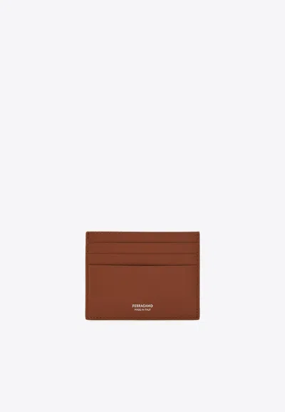 Ferragamo Florence Logo Stamp Leather Cardholder In Brown