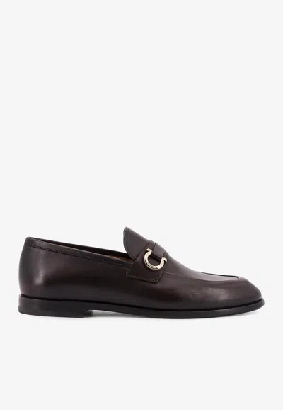 Ferragamo Florio Gancini Leather Loafers In Brown