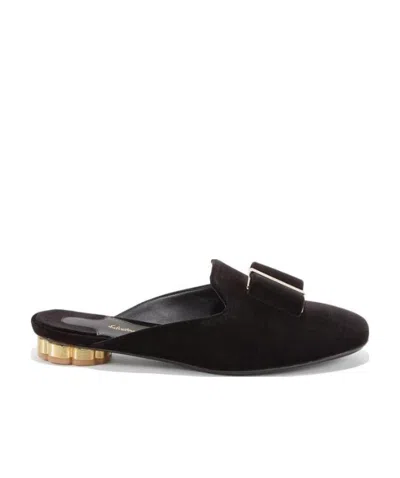 Ferragamo Black Floral And Gold Heel Muller Shoes