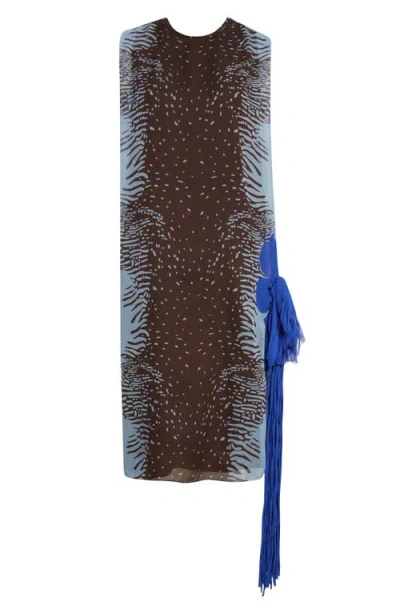 Ferragamo Flower Inlay Print Silk Shift Dress In Brown