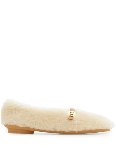 Ferragamo Shearling Ballet Flats With Faux Fur Texture In Neutral