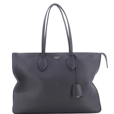 Ferragamo Fold Side Star Tote Leather Large In Black