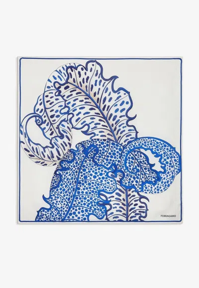 Ferragamo Foliage Print Silk Scarf In Blue