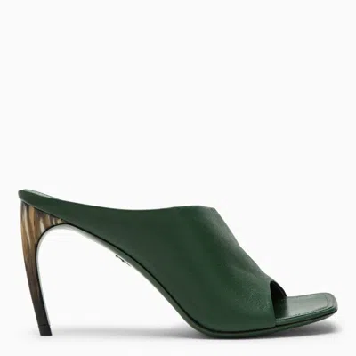 Ferragamo Forest Green Leather Slide With Curved Heel For Women