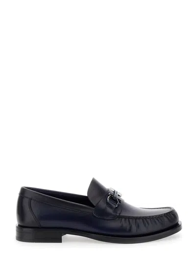 FERRAGAMO FORT BLUE SLIP-ON LOAFERS WITH GANCINI DETAIL IN BRUSHED LEATHER MAN