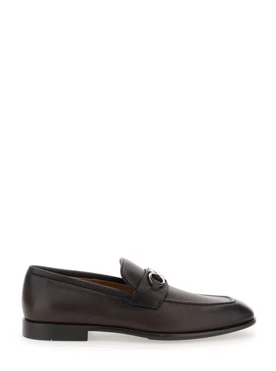 FERRAGAMO 'FOSTER' BROWN LOAFERS WITH GANCINI DETAIL IN LEATHER MAN